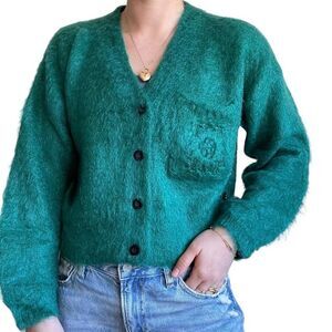 Vintage 80s Womens Esprit Emerald Green Mohair Fluffy Cropped Fuzzy Cardigan S